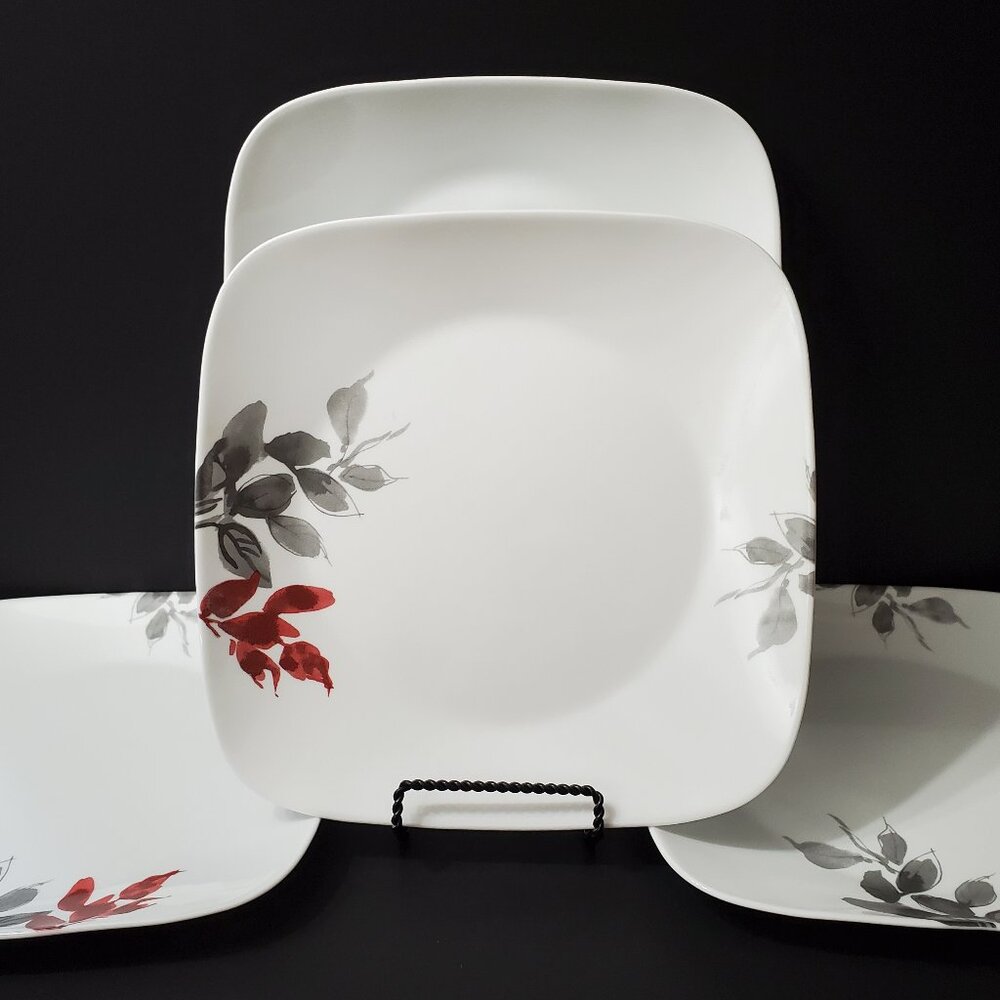 Corelle Kyoto Leaves Square Dinner Plates Red Gray Leaves Japanese Inspired